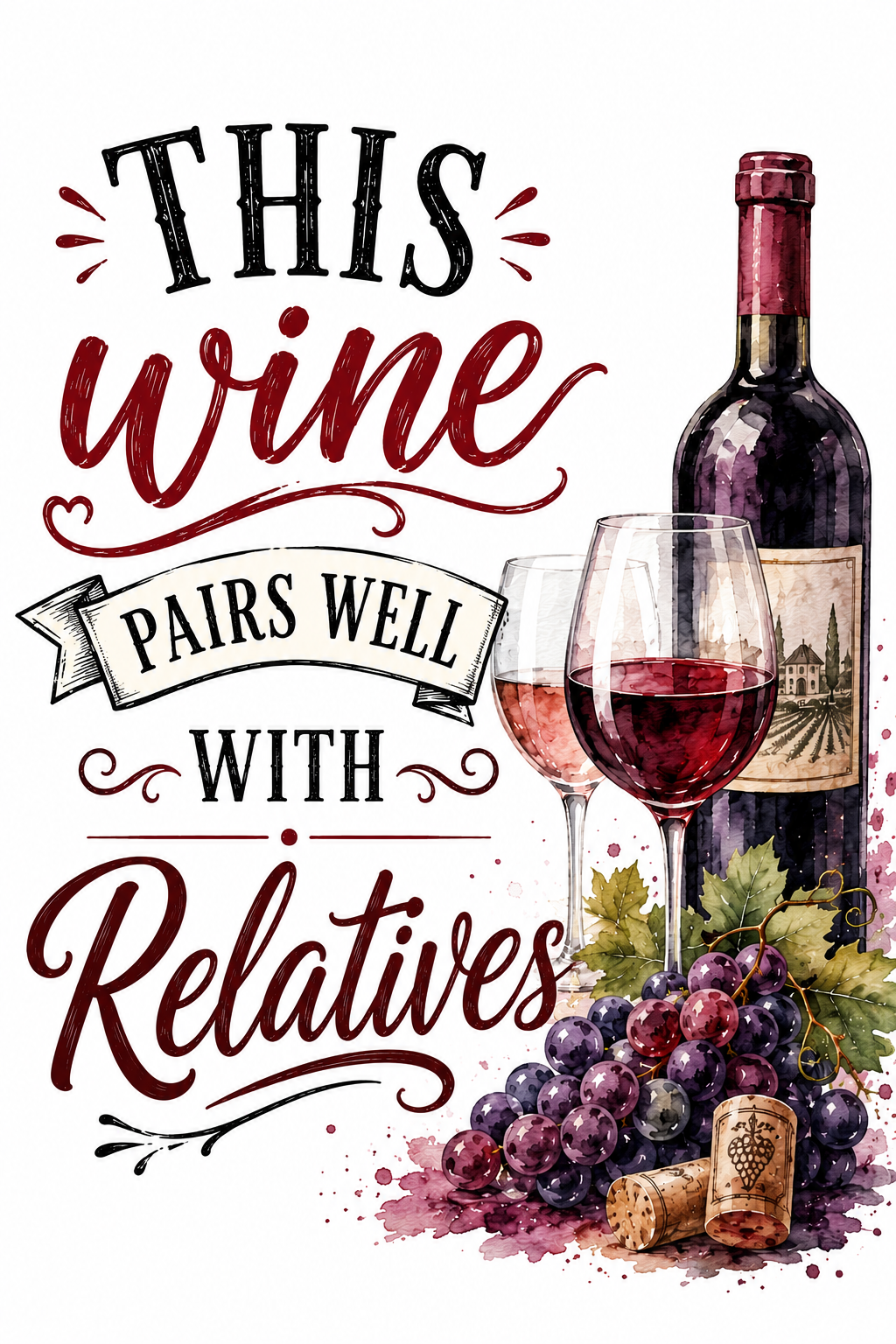 This Wine Pairs Well with Relatives | Funny Wine Kitchen Towel | Wine Lover Gift