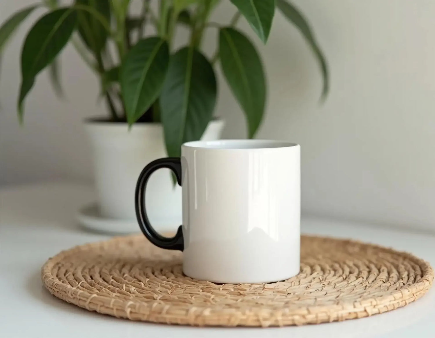 White ceramic mug with black handle on woven coaster, green potted plant in background