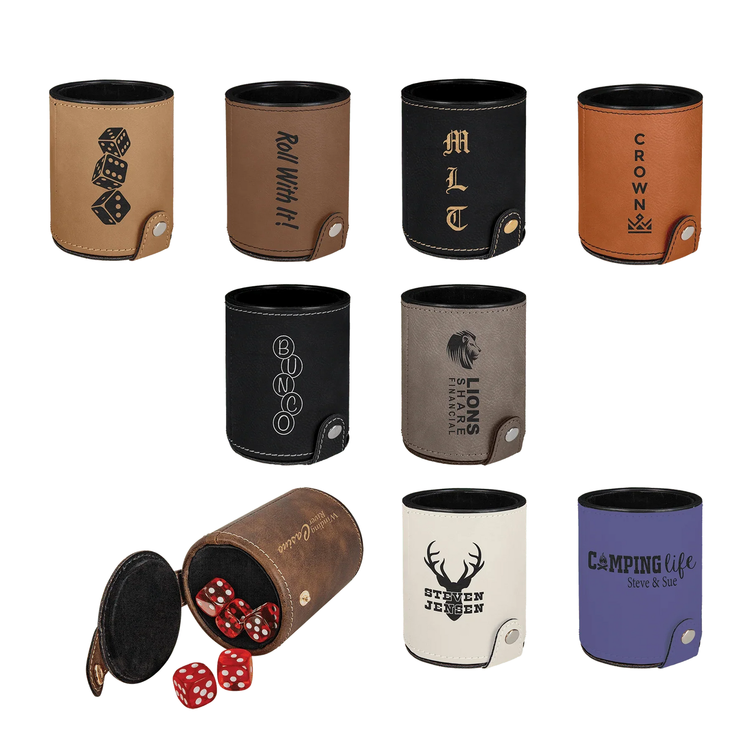 Set of nine personalized leather dice cups in various colors with custom logos and red dice spilling from one cup