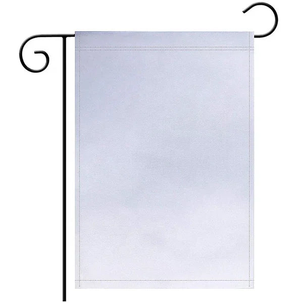 Plain white garden flag on black metal stand with curled ends, isolated on white background