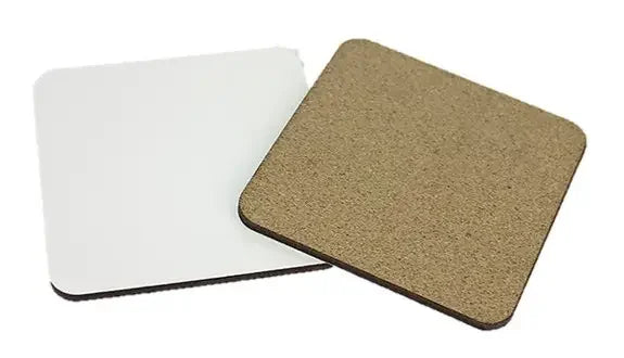 Square cork coaster with brown cork surface and white bottom on white background