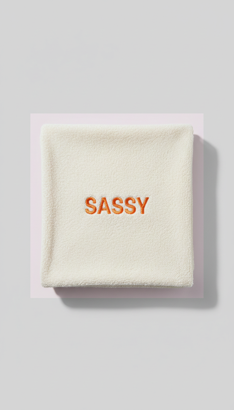 Embroidered gifting towel—sassy tangerine text