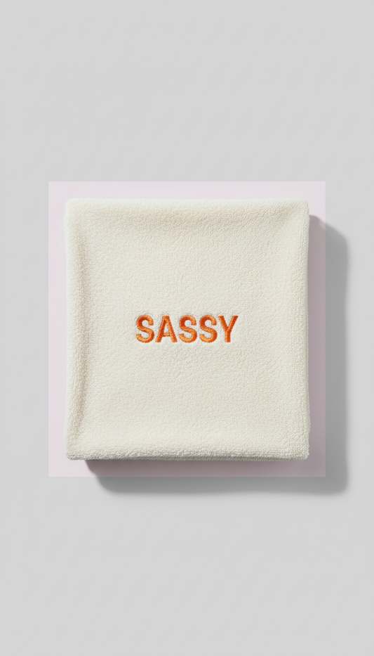Embroidered gifting towel—sassy tangerine text