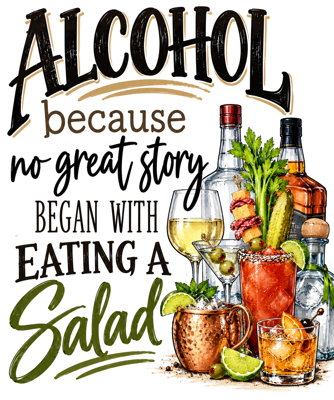 Alcohol Because No Great Story Funny Kitchen Towel | Cocktail Lover Gift | Bar Decor