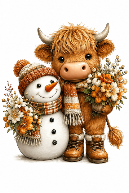 Snowman with Highland Cow Kitchen Towel | Holiday Decor