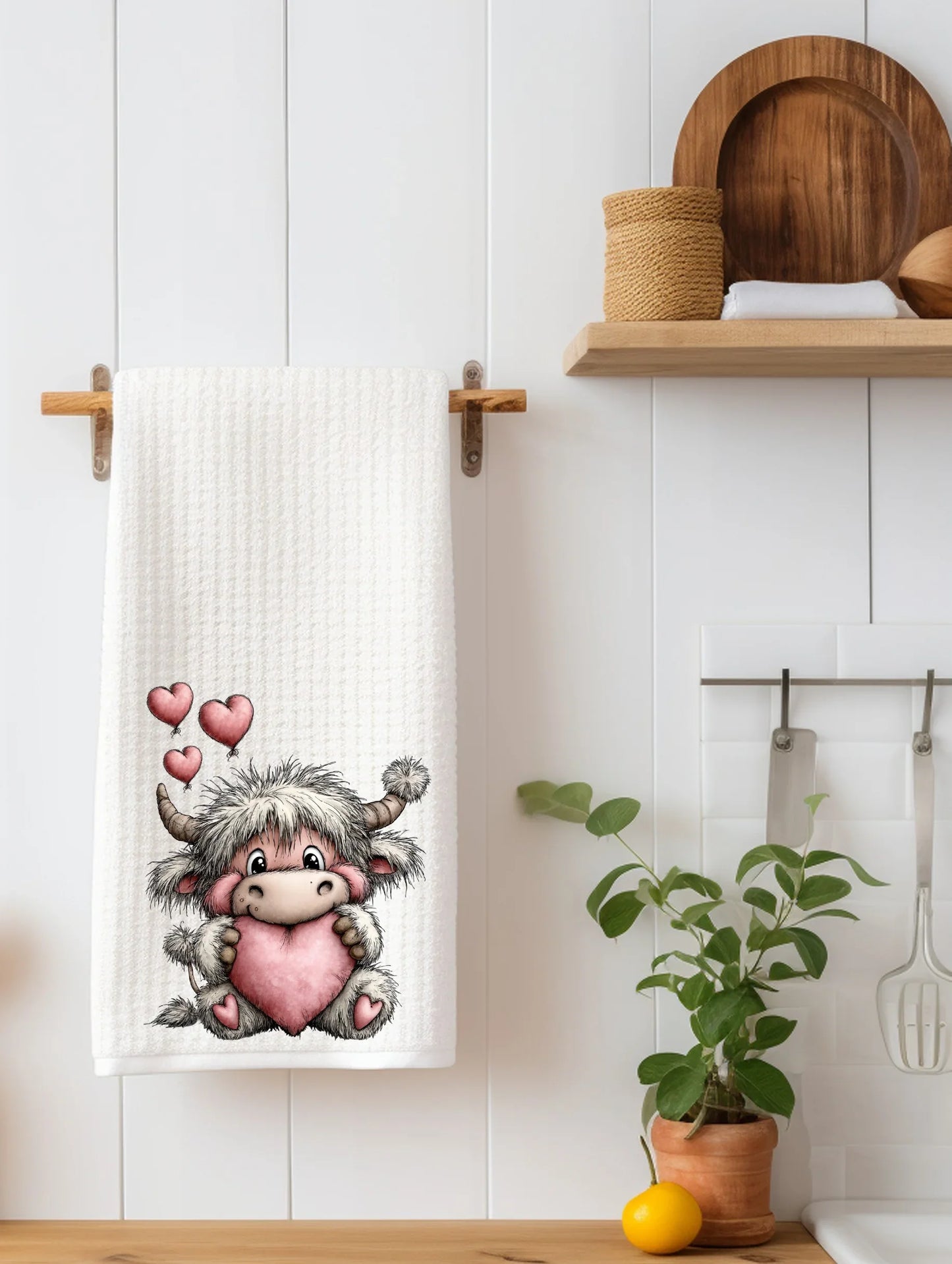 Valentines Highland Cow with Heart Kitchen Towel