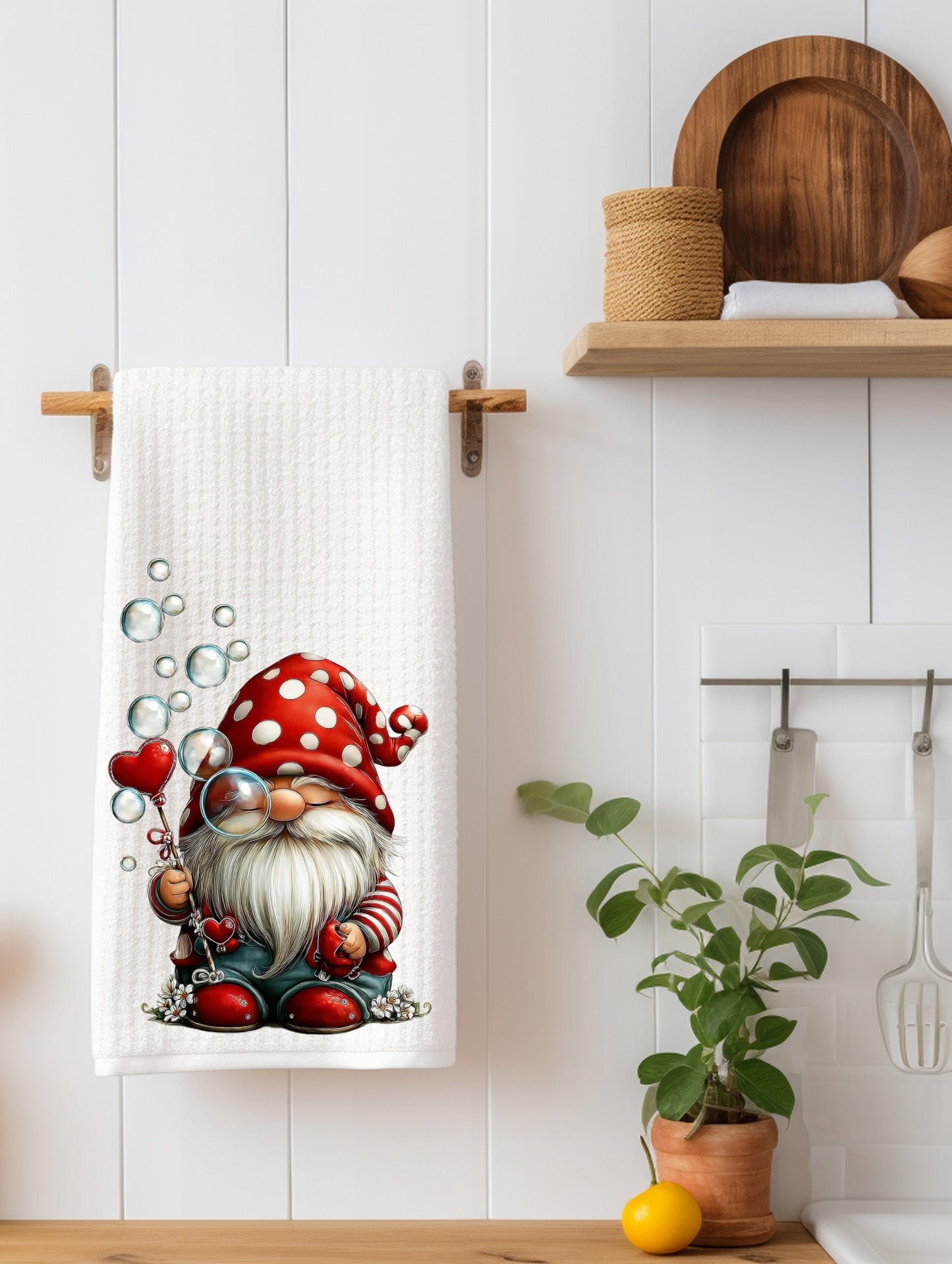 Valentines Gnome with Bubbles Kitchen Towel