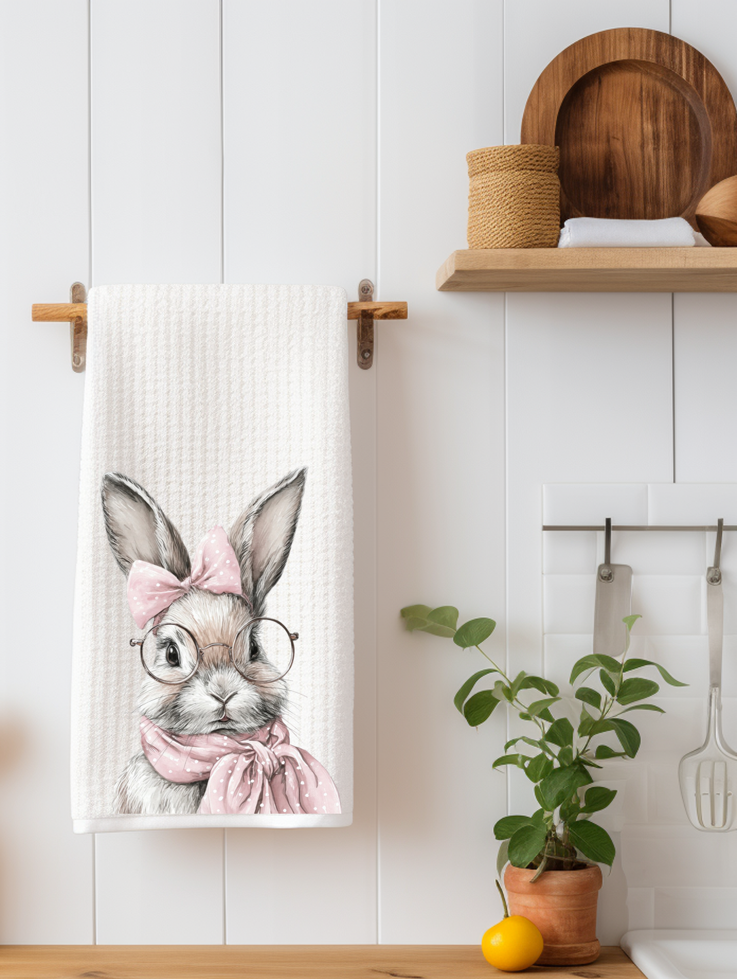 Pink Poka Dot Bunny Kitchen Towel