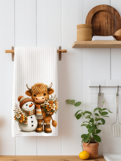 Snowman with Highland Cow Kitchen Towel | Holiday Decor
