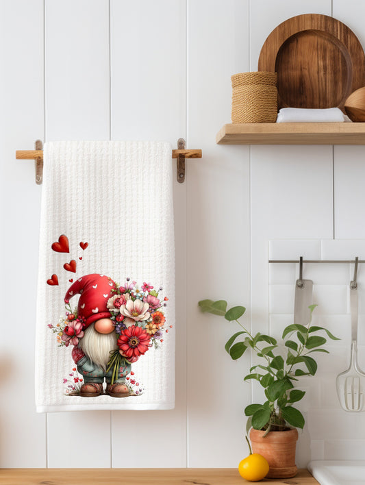 Valentines Gnome with Flowers Kitchen Towel