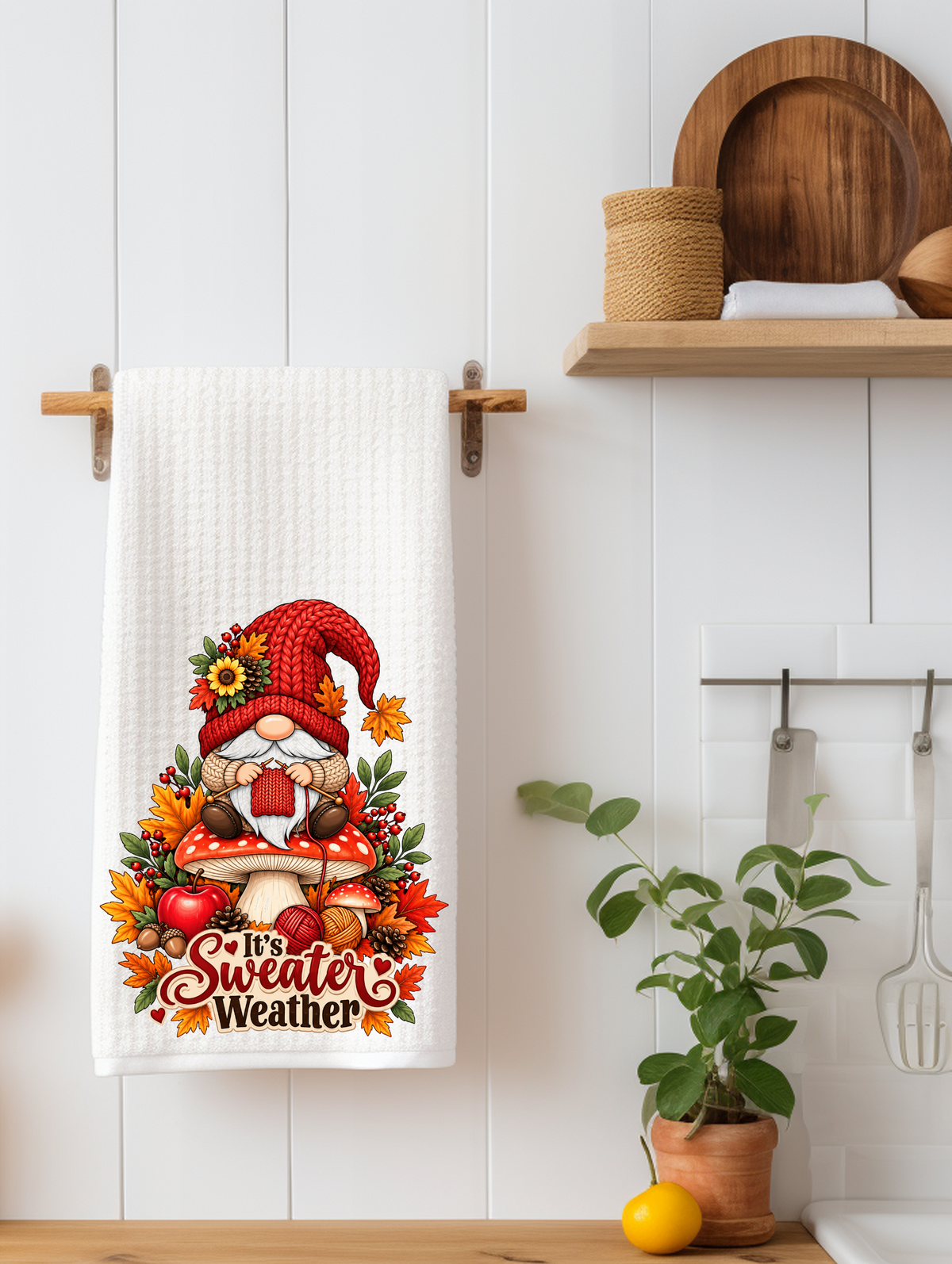 Bright Fall Color Gnome Sweater Weather Kitchen Towel | Fall Gnome Decor