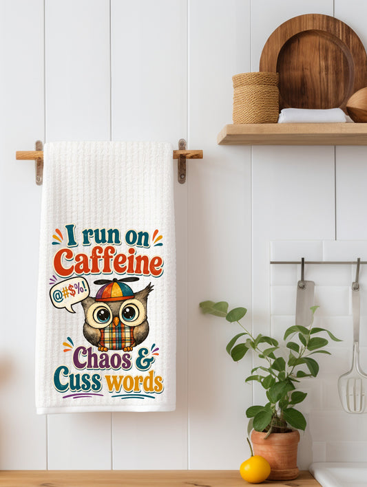 "I Run Off Caffeine, Chaos & Cuss Words" Funny Kitchen Towel | Coffee Lover Gift | SassySotaGirl
