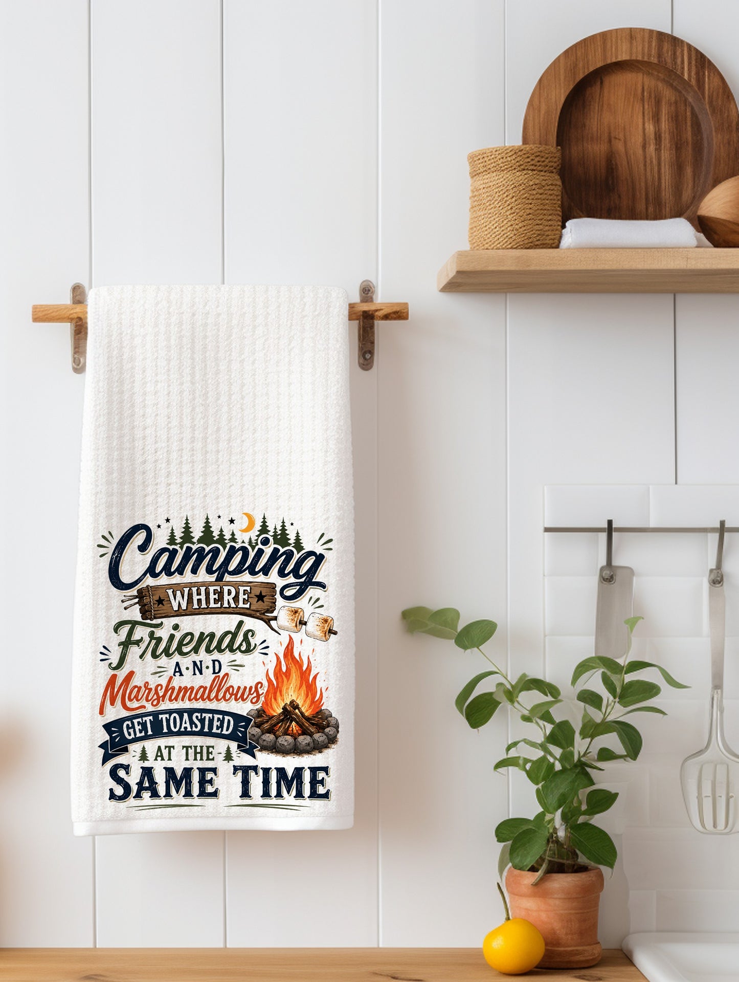 Camping Where Friends  Waffle Weave Kitchen Towel | Camping Gift