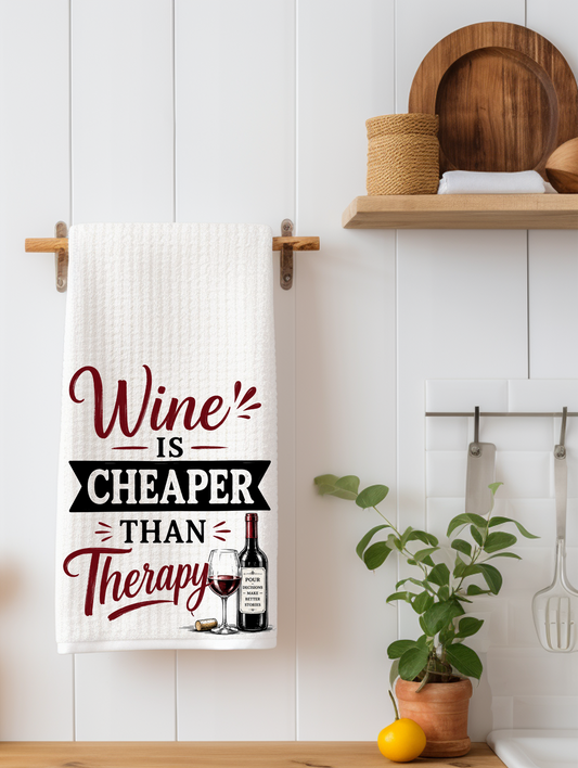 Wine is Cheaper than Therapy | Funny Wine Kitchen Towel | Wine Lover Gift