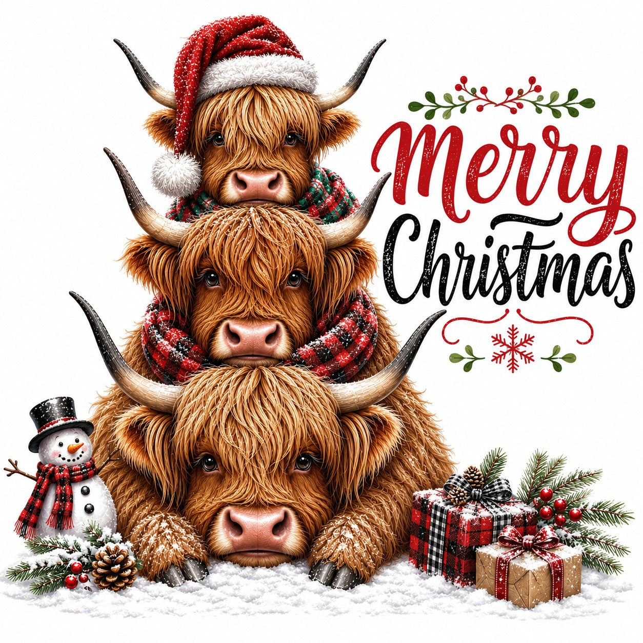 Merry Christmas Stacked Highland Cow Kitchen Towel | Holiday Decor