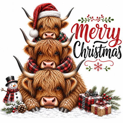 Merry Christmas Stacked Highland Cow Kitchen Towel | Holiday Decor