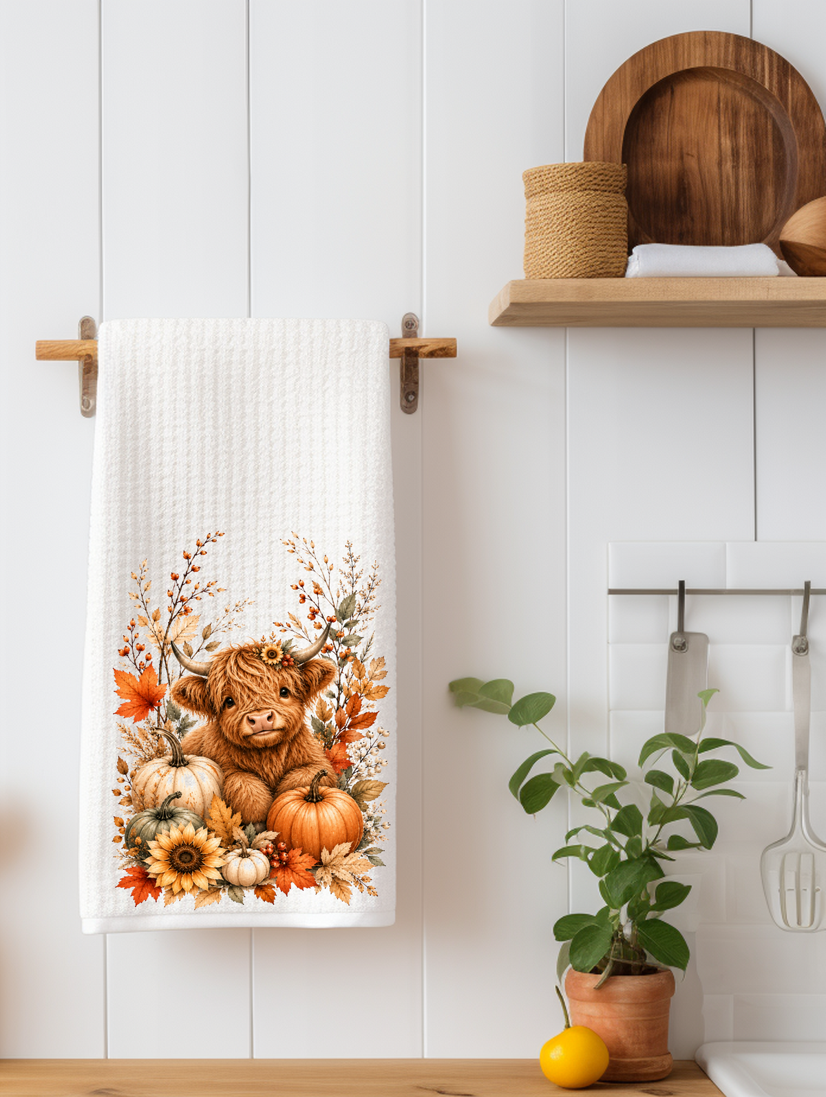 Fall Pumpkin Patch Highland Cow Kitchen Towel | Fall Decor