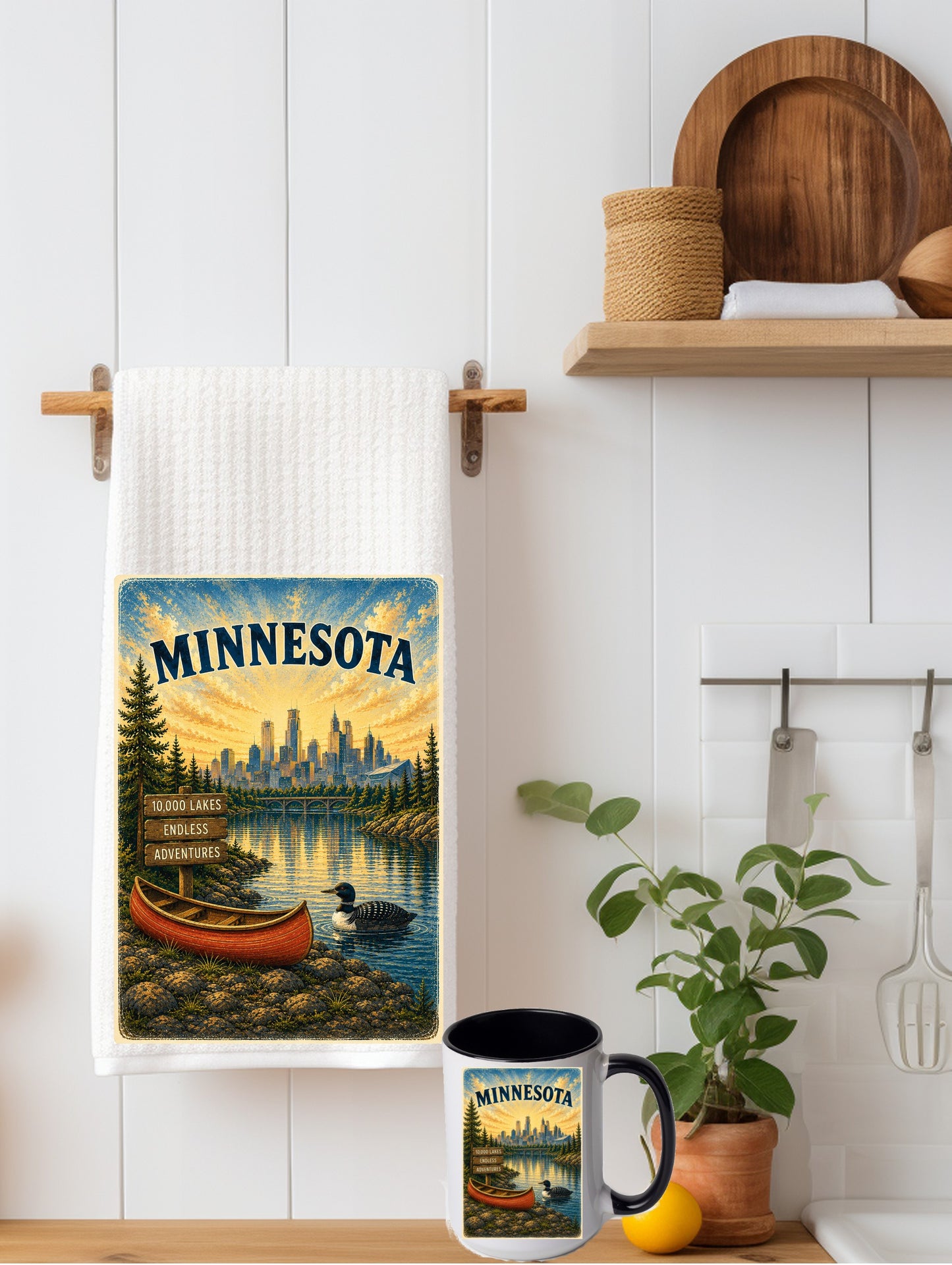 Minnesota Gift Set Towel, Mug, & Magnet In 3 Designs Choices - Waffle Weave Kitchen Towel