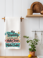 "Funny sarcastic kitchen towel that reads My personality is somewhere between Mother Teresa..., designed, printed, and pressed by SassySotaGirl."