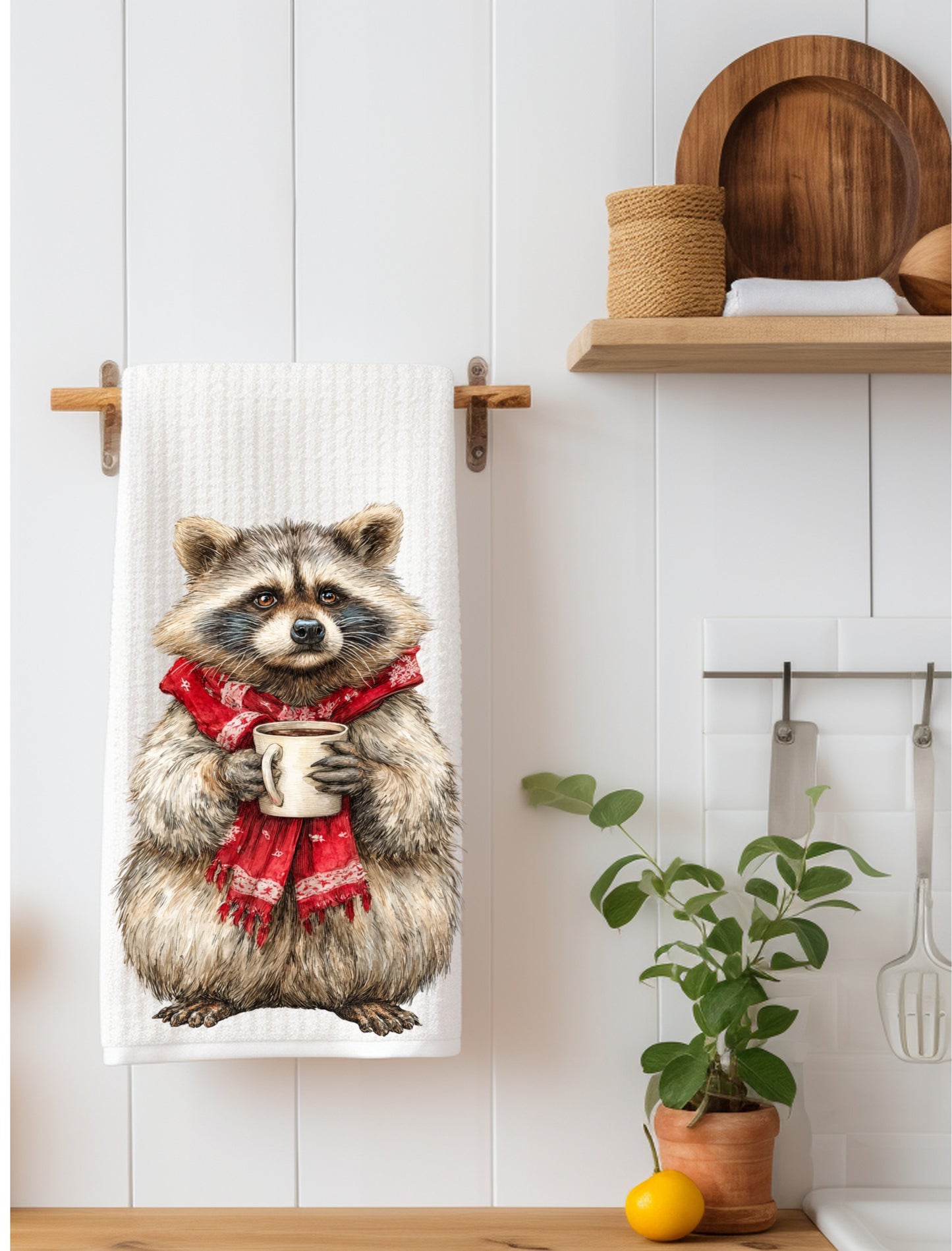Raccoon With Hot Cocoa Kitchen Towel | Woodland Decor