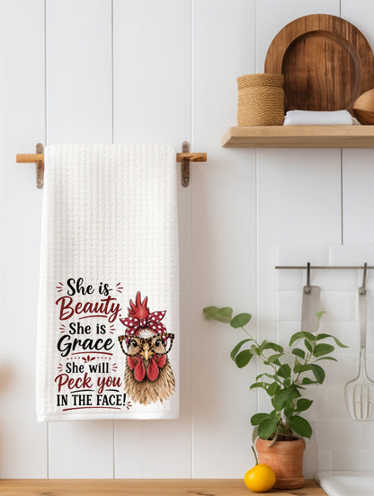 "She Is Beauty, She Is Grace..." Funny Chicken Kitchen Towel | Chicken Lover Gift | SassySotaGirl