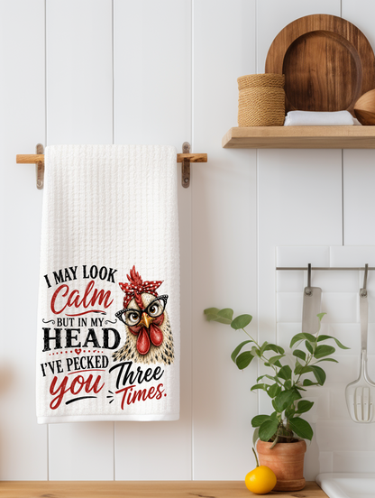 I May Look Calm But In My Head I've Pecked You Three Times | Funny Chicken Kitchen Towel | Farmhouse Gift